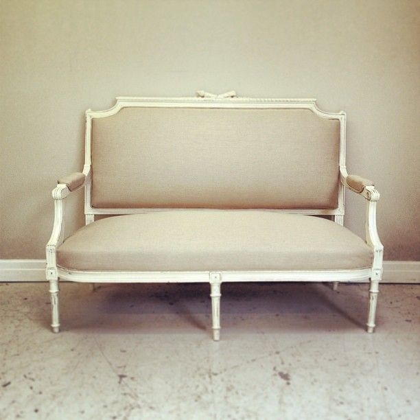 Louis XVI style antique settee recovered Lime White distressed .