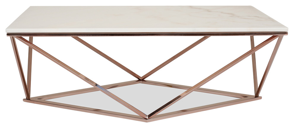 Aria Rose Gold Coffee Table With White Marble Top - Modern .