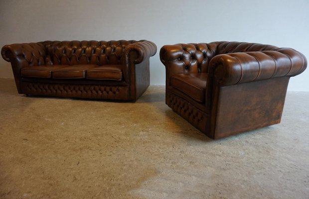 Vintage English 3-Seater Chesterfield Sofa and Armchair Set, 1980s .