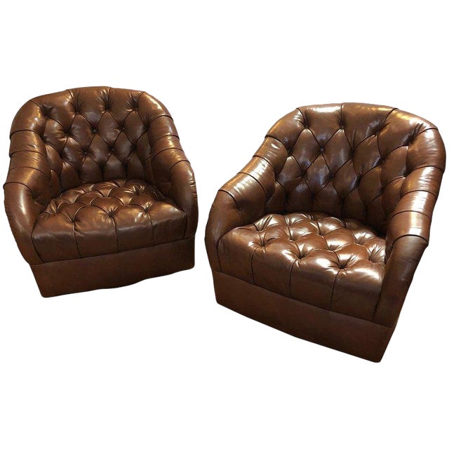 Ward Bennett Mid-Century Modern Tufted Leather Swivel Club Chairs .