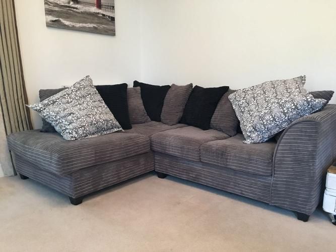 Grey corner sofa with matching swivel chair and footstool For Sale .