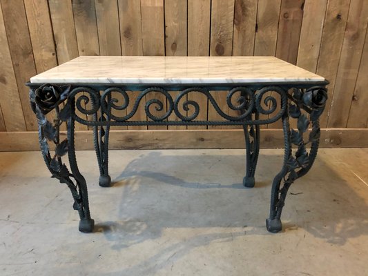 Mid-Century Wrought Iron & Marble Coffee Table for sale at Pamo