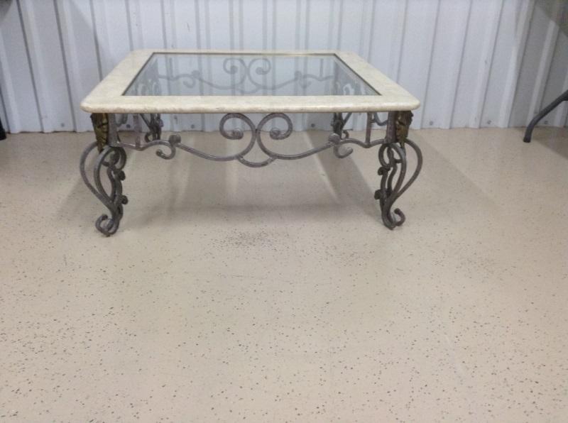 Lot #85Wrought Iron Marble And Glass Top Coffee Tab
