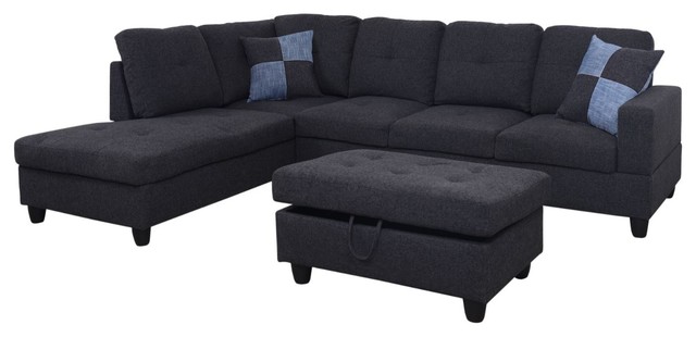 Linen L Shape Sectional Sofa set with Storage Ottoman .