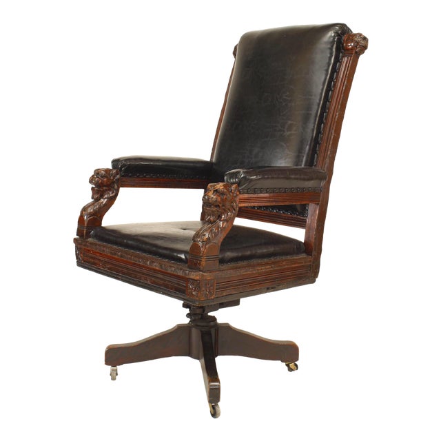 English Victorian Black Leather Swivel Chair | Chairi