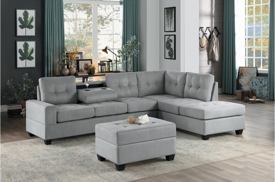 HE-9507GRY-3PC 3 pc Maston gray fabric reversible sectional sofa .