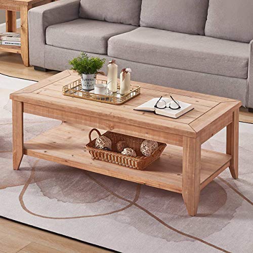BON AUGURE Natural Wood Coffee Table with Storage Shelf, Rustic .