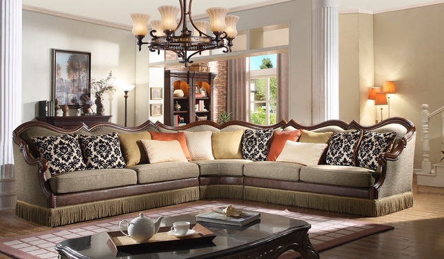 Autumn Bronze Luxury 3-pc Beige Sectional Sofa w/ Dark Carved Wood .