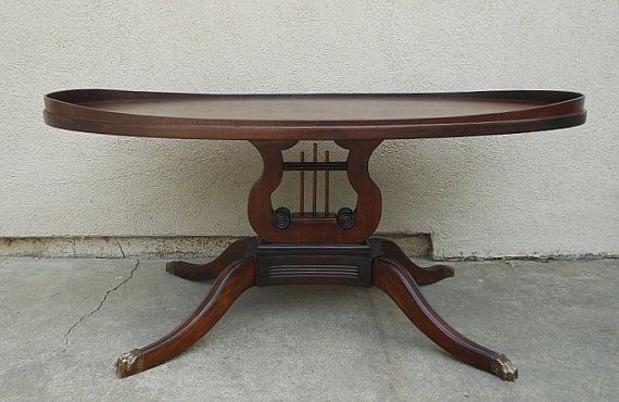 Antique 1920s Oval Mahogany Unmarked Mersman CoffeeTable with Harp .