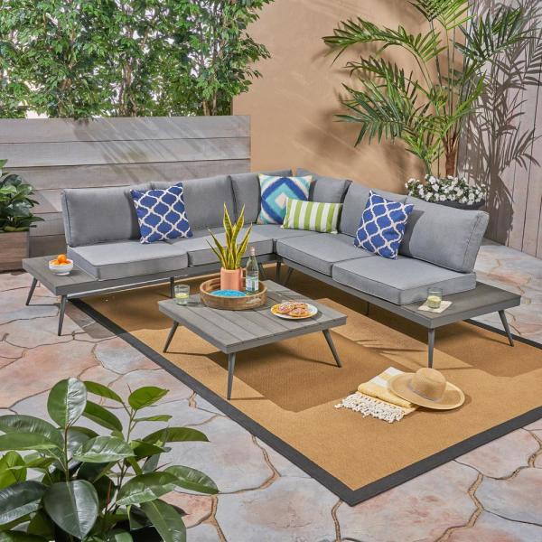 Noble House Norfolk Gray 4-Piece Wood and Aluminum Patio Sectional .