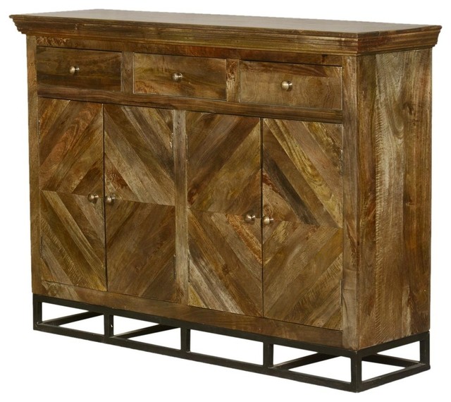 Parquet Diamond Mango Wood 3 Drawer Tall Sideboard Cabinet .