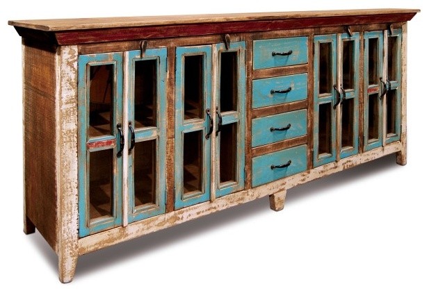 Rustic Distressed Reclaimed Solid Wood Sideboard, Curio Cabinet .