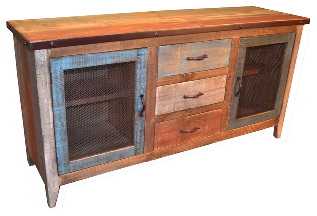 Reclaimed Wood Sideboard With Metal-Door Panels and 3 Drawers .