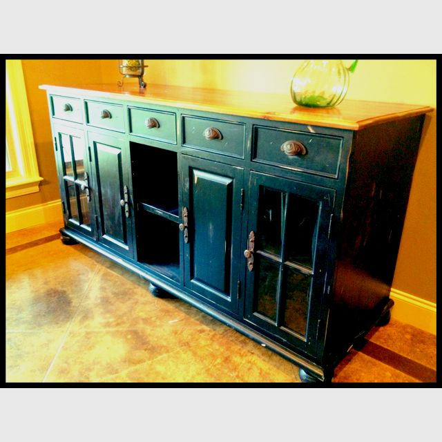 Custom made buffet by Lucien Old pine top With black distressed .