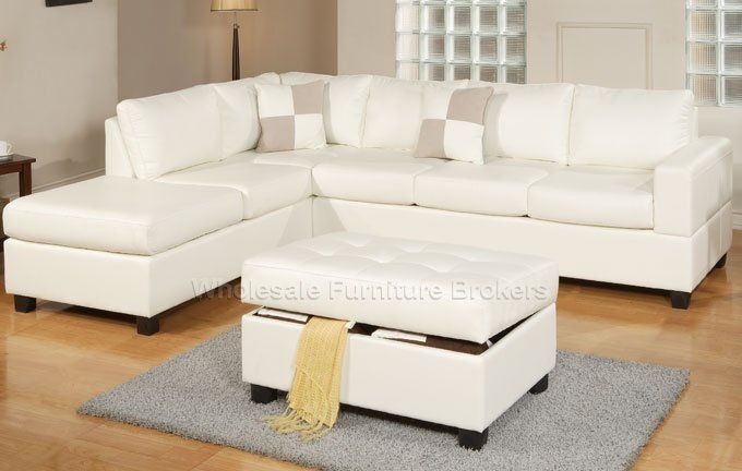Sacramento White Cream Leather Sectional Sofa with Left Facing .