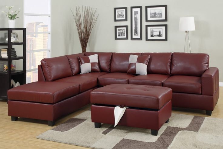 Sacramento Red Burgundy Leather Sectional Sofa with Left Facing .