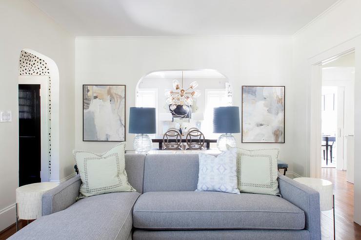 Gray Sofa with Chaise Lounge and Green Pillows - Transitional .