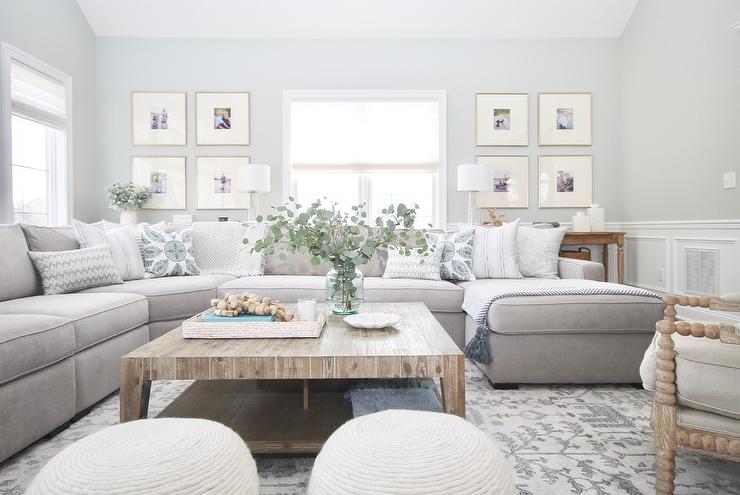 Gray Sectional with Large Square Wood Coffee Table - Transitional .