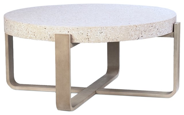 41" Cristian Coffee Table White Stone Top Round Wooden Natural .