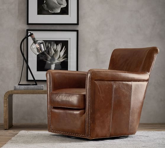 Irving Roll Arm Leather Swivel Armchair with Nailheads | Pottery Ba