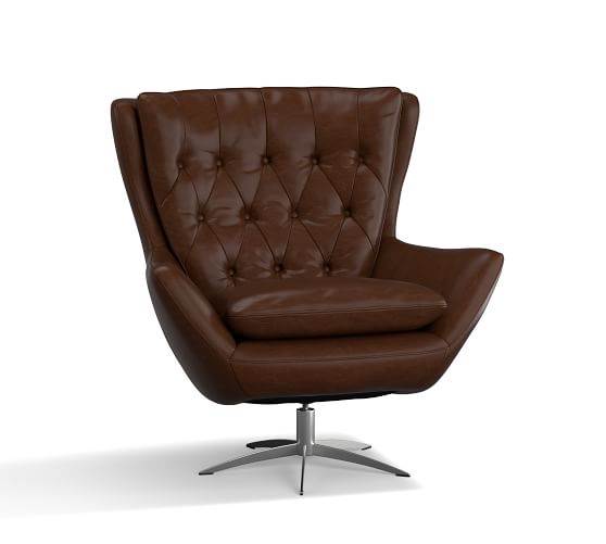 Wells Leather Swivel Armchair with Brushed Nickel Base, Polyester .