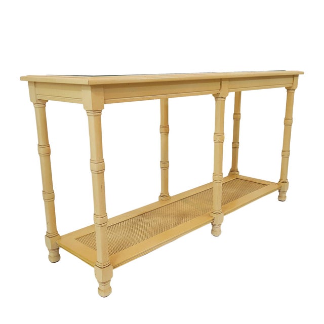 Vintage Faux Bamboo 6 Legged Console Table With Glass Inserts and .