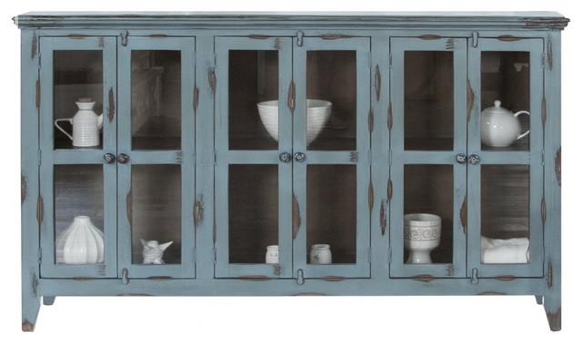 Bayshore Distressed Blue Finish Solid Wood 6-Door Sideboard China .