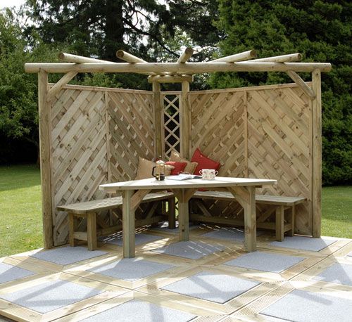 Table and Benches | Pergola designs, Outdoor curtains, Corner pergo