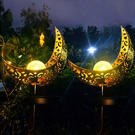 Solar Powered Garden Lights, 2 Pack Antique Brass Hollow-Carved .