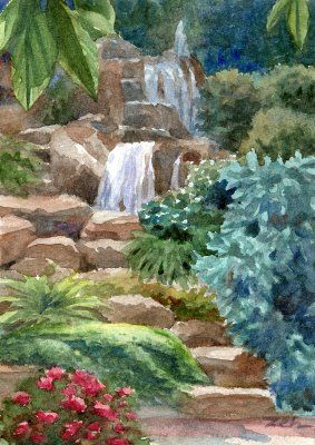 Waterfall Garden - watercolor | Garden watercolor, Waterfall .