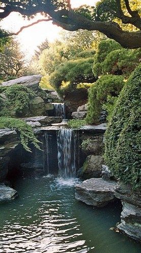 Japanese Hill-and-Pond Garden waterfalls in the Brooklyn Botanical .