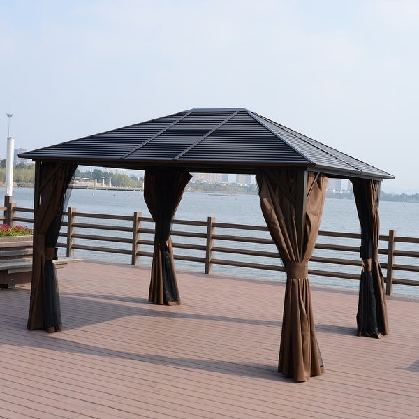 Shop Outsunny 12' x 10' Steel Hardtop Outdoor Gazebo with Curtains .
