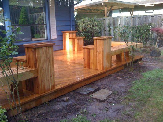 Like the bench vs a railing for a ground level deck | Garden .