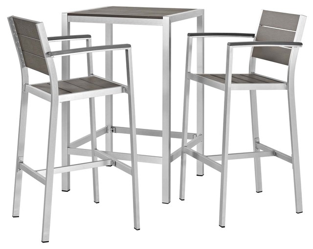 Modern Outdoor Bar Stool and Table Set, Aluminum Metal Steel, Gray .