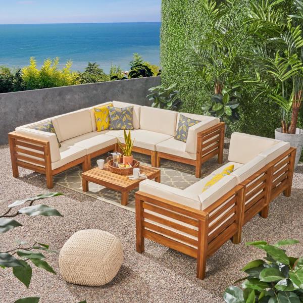 Noble House Jonah Teak Finish 9-Piece Wood Outdoor Sectional Sofa .