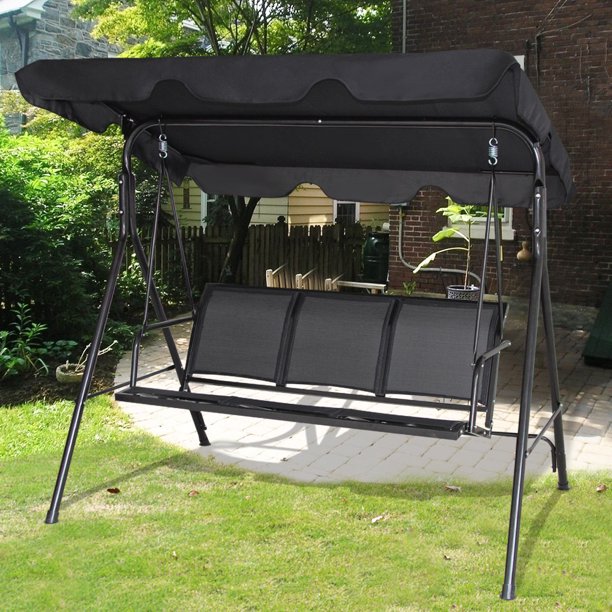Gymax Black Outdoor Swing Canopy Patio Swing Chair 3 Person Canopy .
