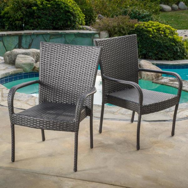 Noble House Gray Stackable Wicker Outdoor Dining Chair (Set of 2 .
