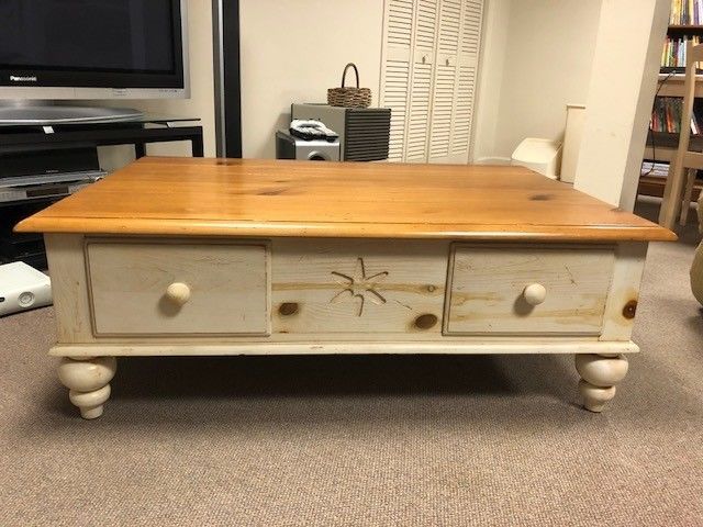 Ethan Allen Farmhouse Pine Coffee Table, Three Drawers, Excellent .
