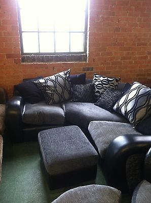DFS MYLO Black Leather & Fabric Corner Sofa, Swivel Cuddle Chair .