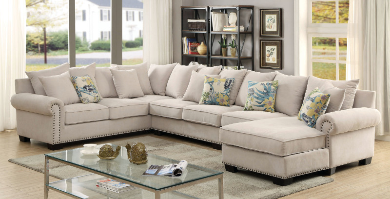 CM6156 3 pc skyler ivory fabric sectional sofa with nail head trim .