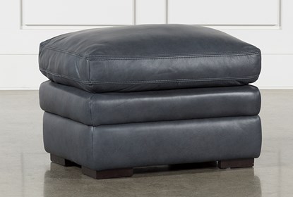 Gina Blue Leather Ottoman | Living Spac