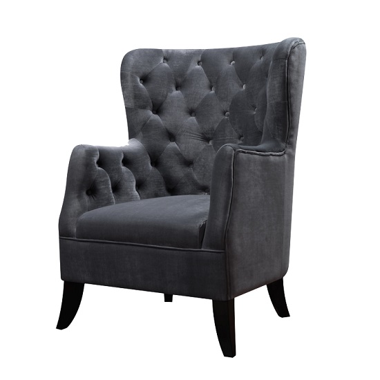 Oxford Sofa Chair In Grey Velvet Fabric With Dark Wooden Feet .