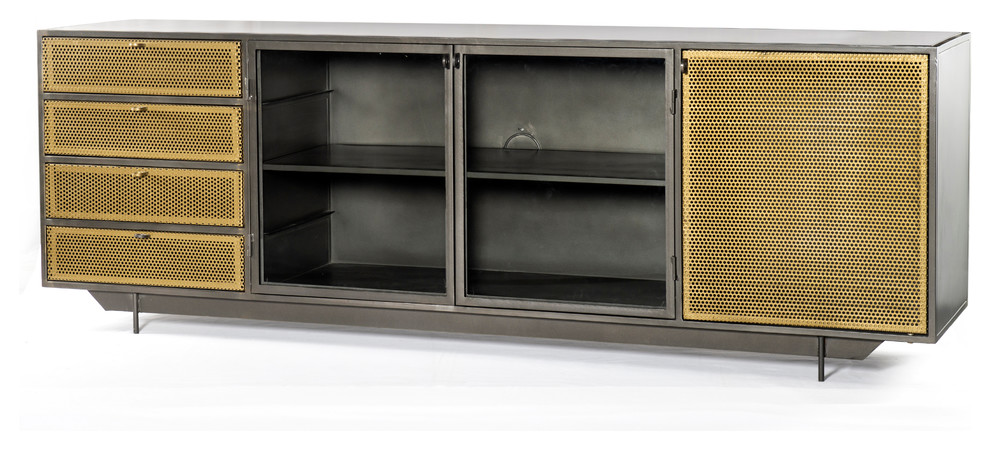 83" L Romolo Media Console Iron Glass Perforated Brass Clear .