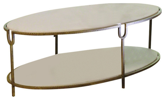 Hammered Gold Iron Marble Classic Oval Coffee Table, Shelves Stone .
