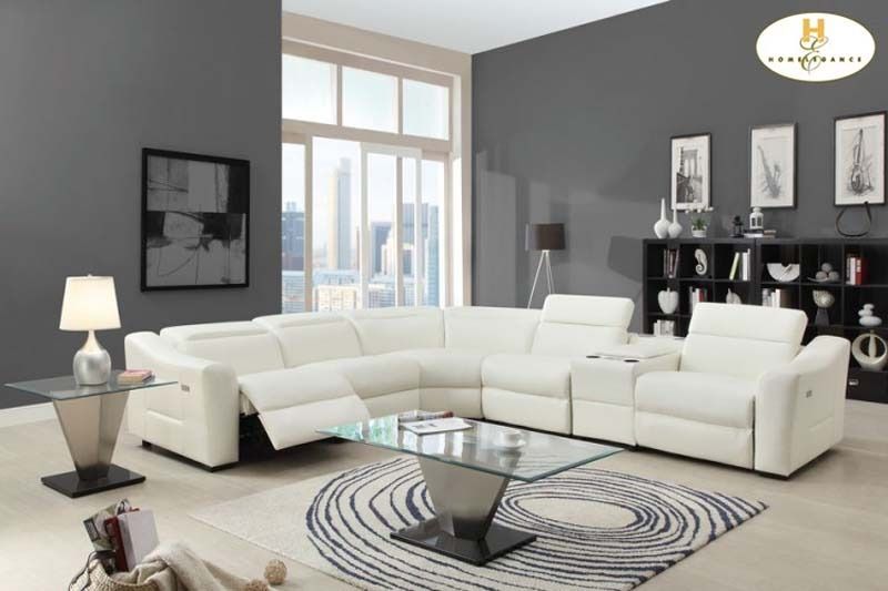 Modern White Leather Reclining Sectional Sofa Chaise Console .