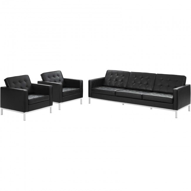 Loft Black 3 Piece Leather Sofa and Arm Chair Set EEI-3102-BLK-SET .