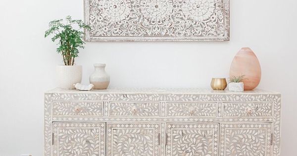 We are LOVING this global styled bone inlay sideboard from our .