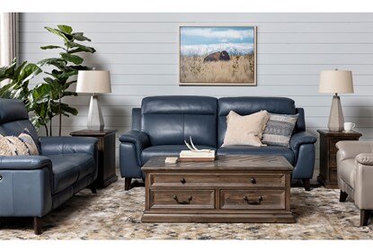Moana Blue Leather Dual Power Reclining Sofa With Usb | Living Spac