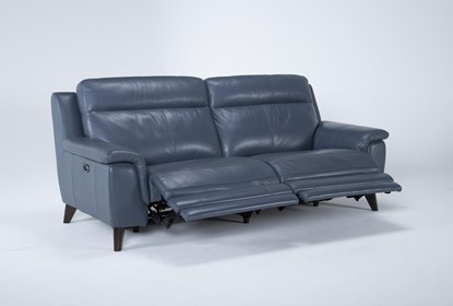 Moana Blue Leather Dual Power Reclining Sofa With Usb | Living Spac