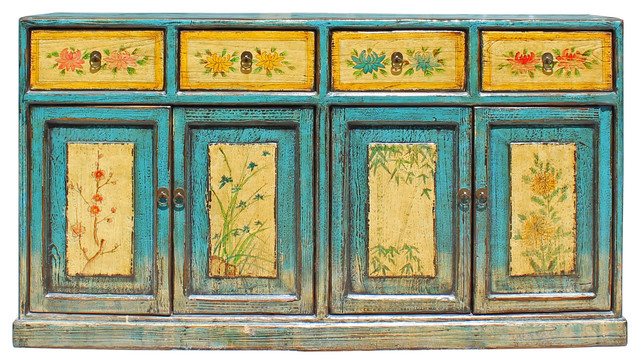 Distressed Rustic Light Blue Yellow Sideboard Console Table .